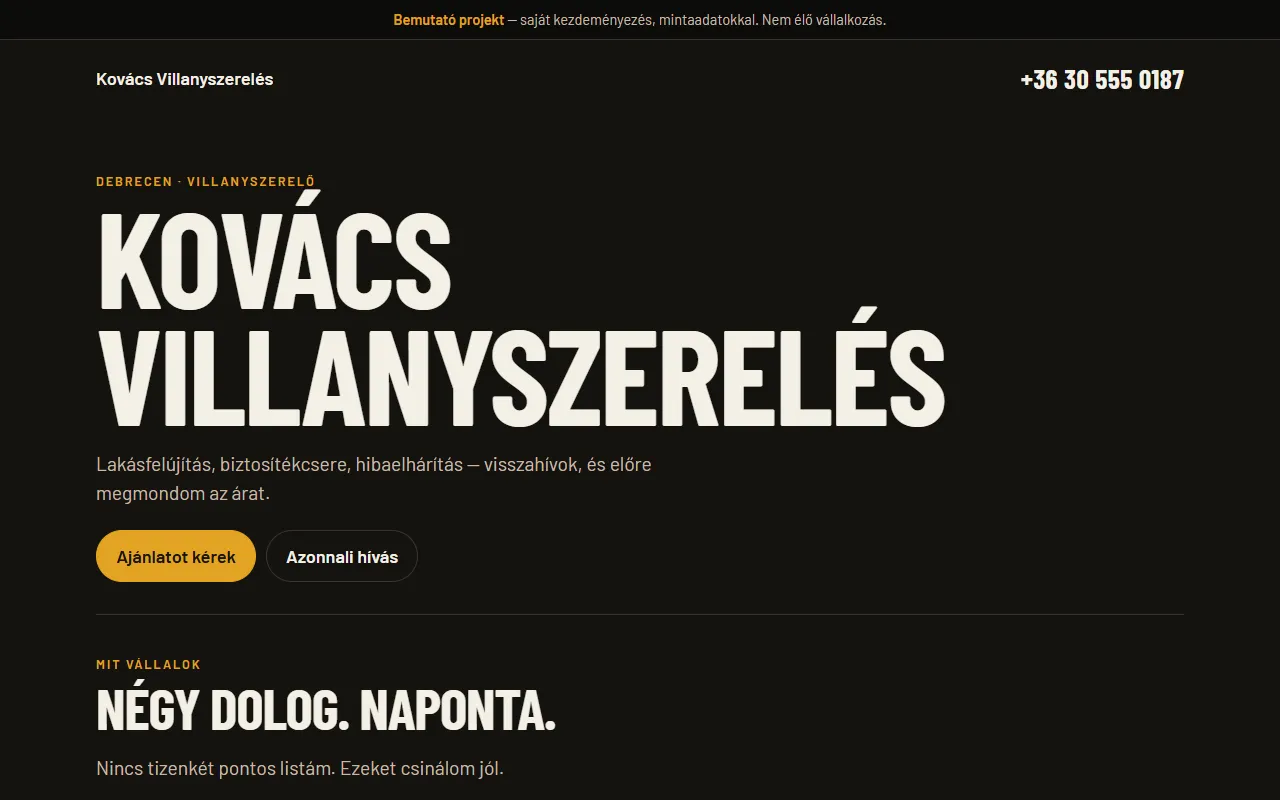 Kovacs Electrical demo page: name, services in brief, quote and call buttons