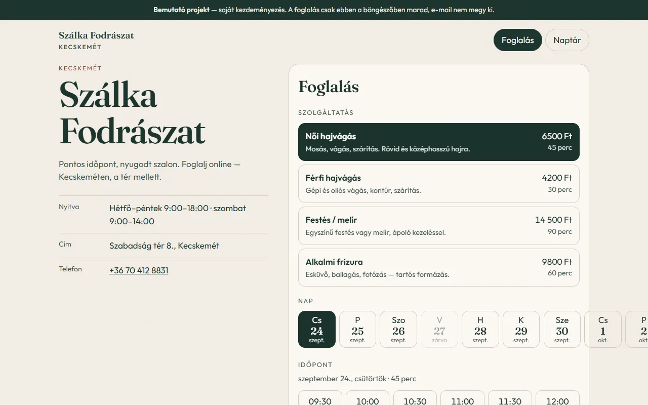 Szalka salon demo booker: services, day picker and time slots